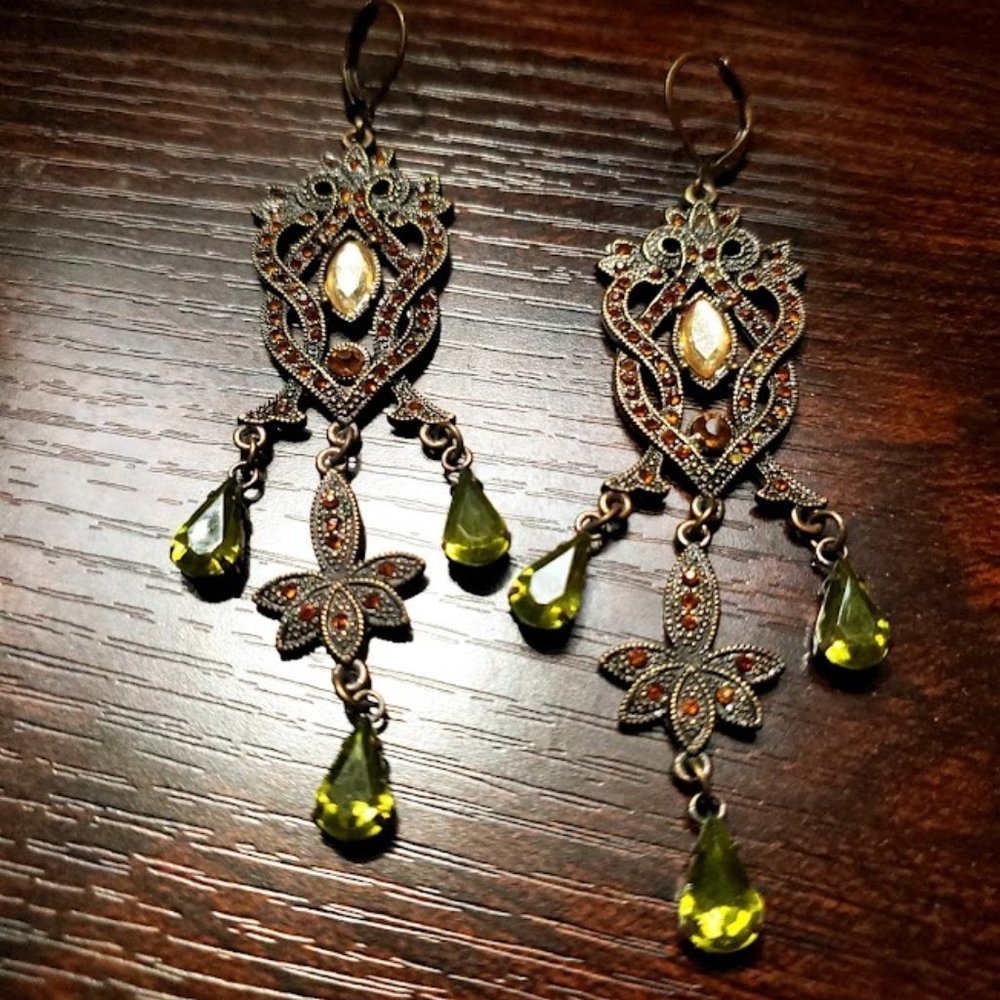 Laura Ashley Women's Long Green Fancy Black Tone Drop/Dangling Earrings